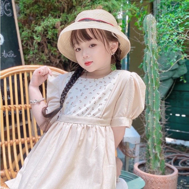 Váy Trẻ Em lửng tay thu đông Vintage Chất liệu Linen cực Sang chảnh váy hoa nhí cho bé 8-32kg
