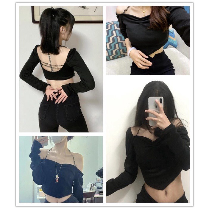 Áo thun nữ tay dài hở lưng phối dây xích, áo croptop ôm body dây xích khoe lưng A282
