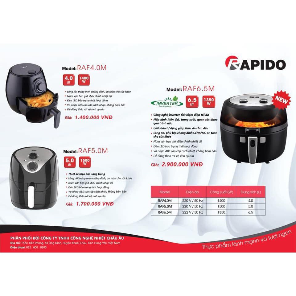 [ELHAT1TR giảm tối đa 1 triệu] Nồi chiên không dầu Rapido