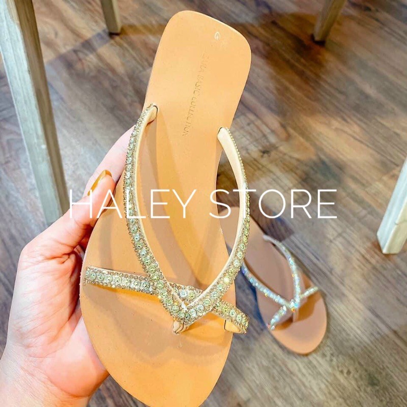 Dép lê bệt nữ đế bằng kẹp xỏ ngón đính đá xoàn lấp lánh sang chảnh HALEY STORE