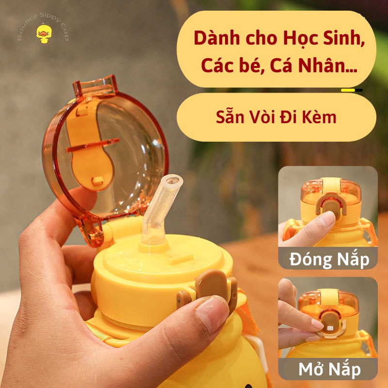 Bình đựng nước nhựa dễ thương hình chú vịt cute 650ml chịu nhiệt Bình nước có ống hút cho bé cá nhân tặng dây đeo titi