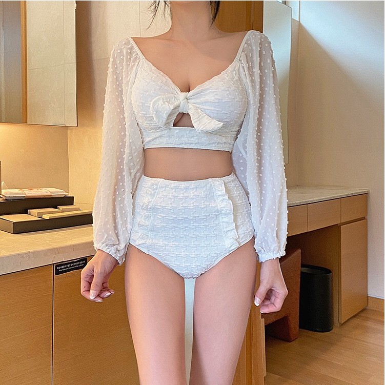 Bikini Đồ bơi nữ đi biển 2 mảnh tay bồng công chúa trắng