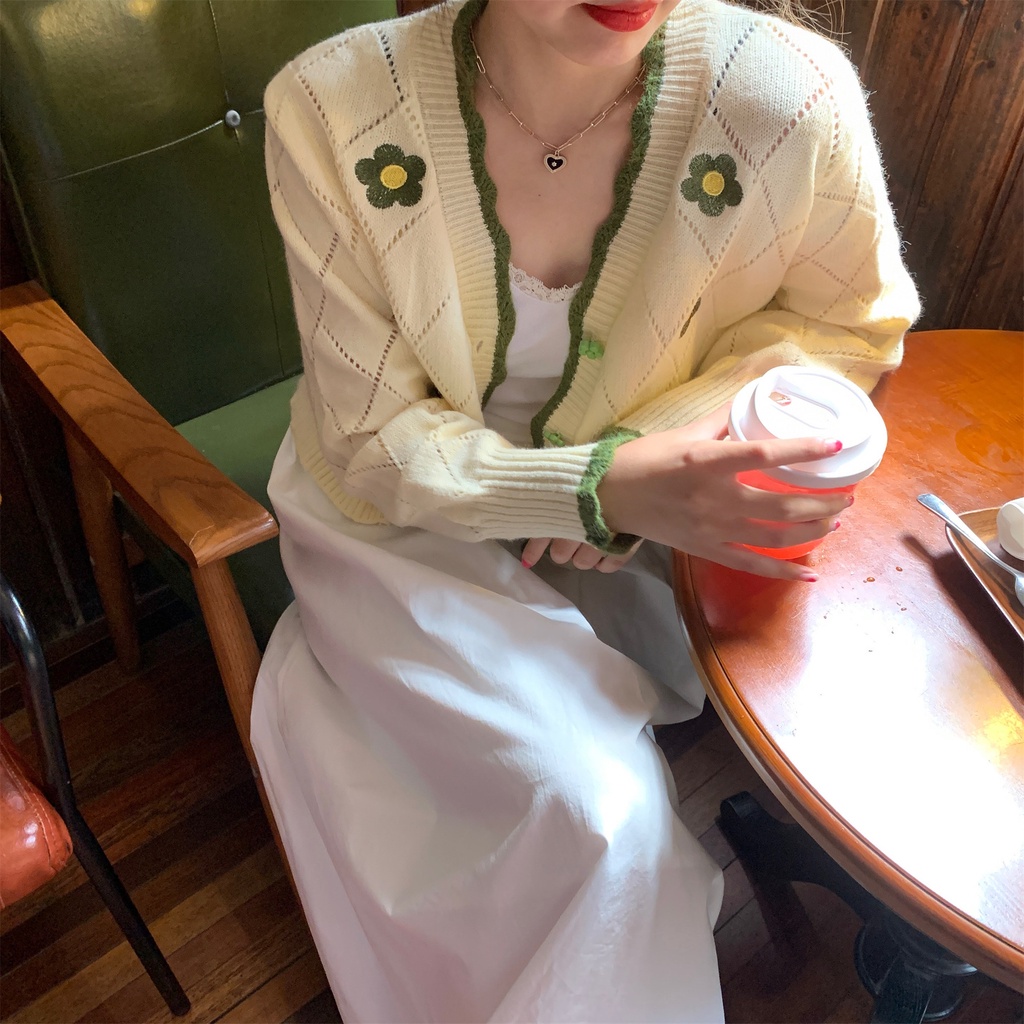 Áo khoác cardigan Pure Cube dệt kim tay dài thêu hoa dễ thương xinh xắn cho nữ