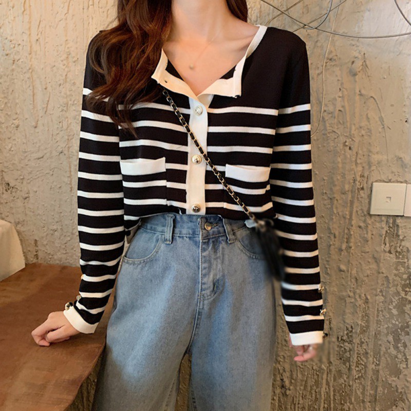 Áo Khoác Len Cardigan Dáng Rộng Kẻ Sọc Ngang Trẻ Trung Hợp Thời Trang