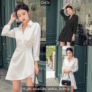 Đầm Sơ Mi Trắng Vải Voan Phối Satin Chiết Eo Dễ Thương