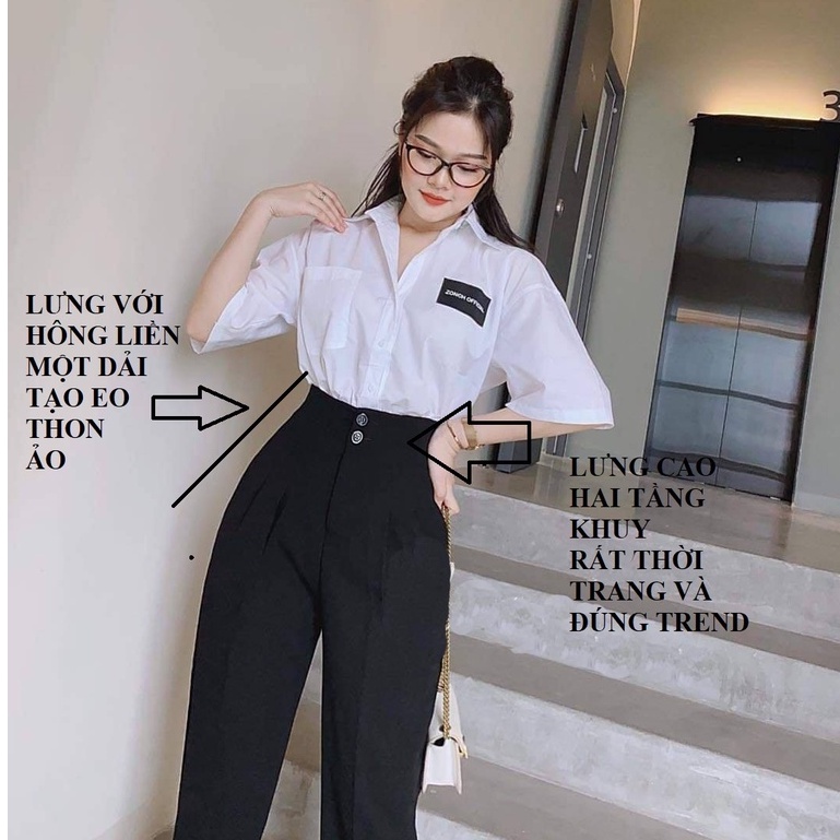 Quần tây nữ lưng cao đi học cạp liền 2 nút khuy cài màu đen ống đứng dáng dài quần baggy nữ sinh vải co giãn làm công sở