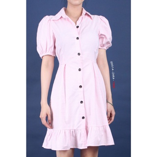Q9314 - Đầm sơ mi Zara tay ngắn, bo tay, bèo lai, nút trước, cột nơ, sọc dọc