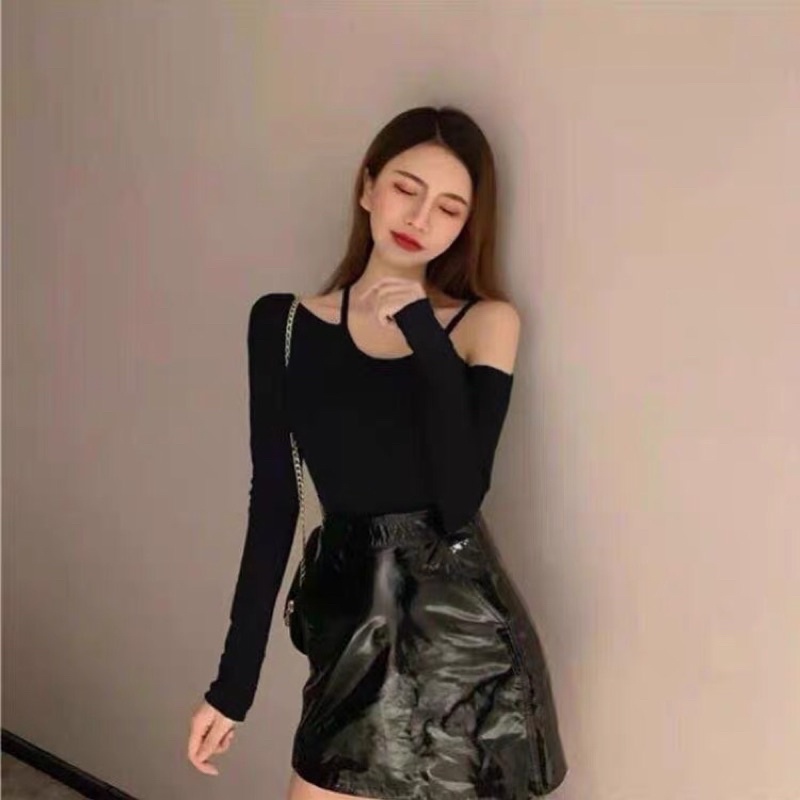 Áo thun croptop tay dài phối dây thời trang cho nữ