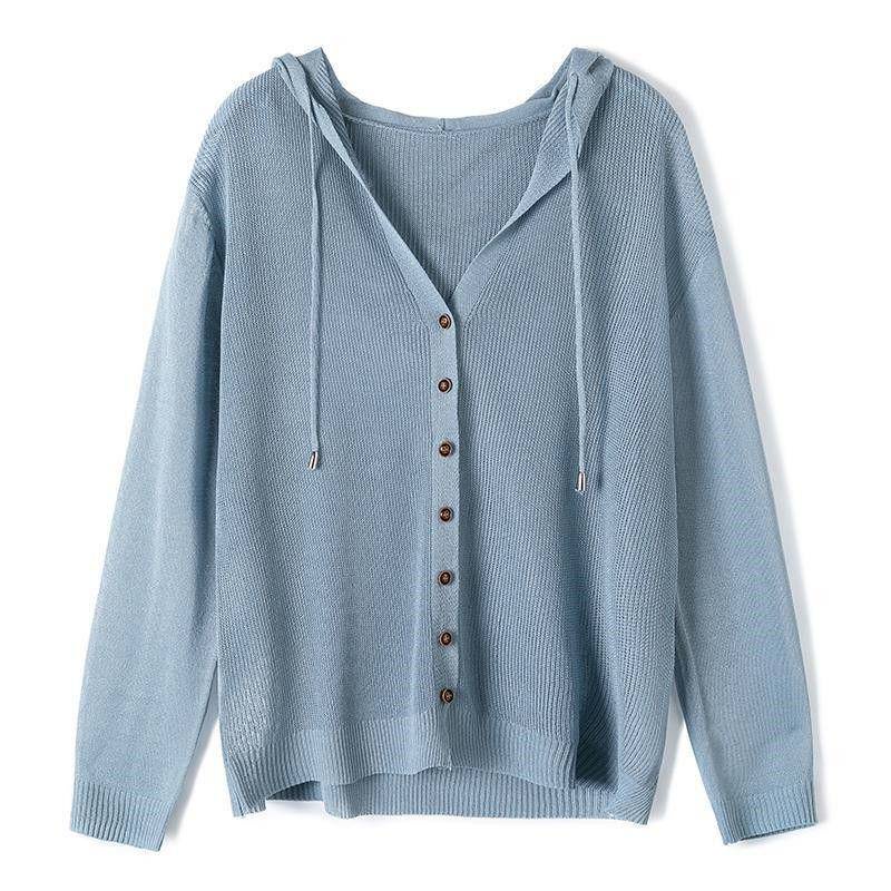 Áo Khoác Cardigan Dệt Kim Mỏng Có Mũ Trùm Phối Nút Thời Trang Mới 2022 Cho Nữ