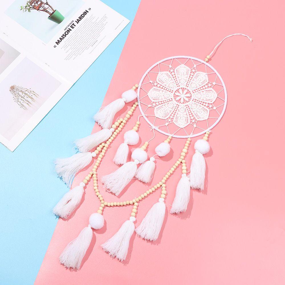 DIACHAVN Vòng Bắt Giấc Mơ Màu Trắng Đính Hạt Gỗ Thủ Công Treo Tường Trang Trí Phòng Bé Gái