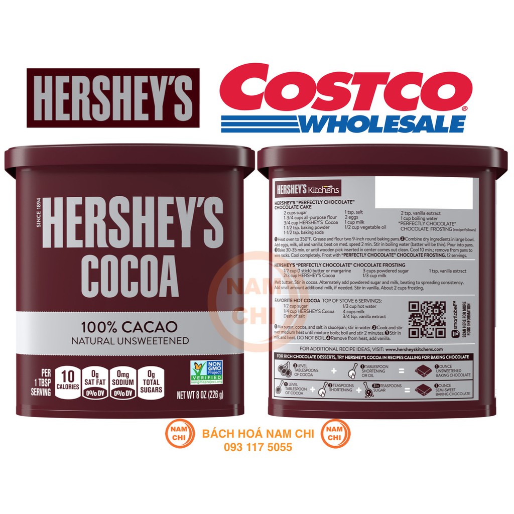 Bột Cacao Hershey's Cocoa Nguyên Chất Hộp 226g Hàng Mỹ (CHUẨN COSTCO USA)