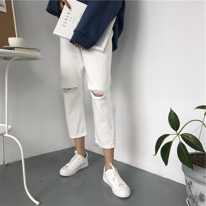 (sẵn ĐEN S) quần kaki cạp khóa ống suông rách gối hai màu đen trắng - KK02 | BigBuy360 - bigbuy360.vn