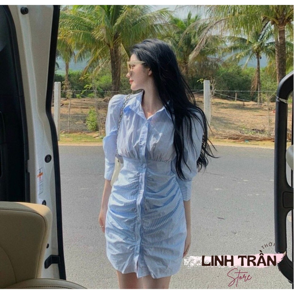 ĐẦM SƠ MI SỌC XANH TAY LỠ 🦋FREESHIP🦋 Váy Sơ Mi Kẻ Sọc Linh Trần Store