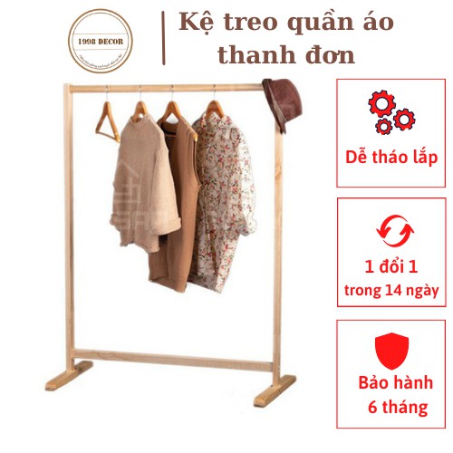 Giá Treo Quần Áo Thanh Đơn - Kệ Treo Quần Áo Decor Phòng Phong Cách Hàng Quốc, Gỗ Thông Cao Cấp Bền Đẹp - KT: 126X88X44