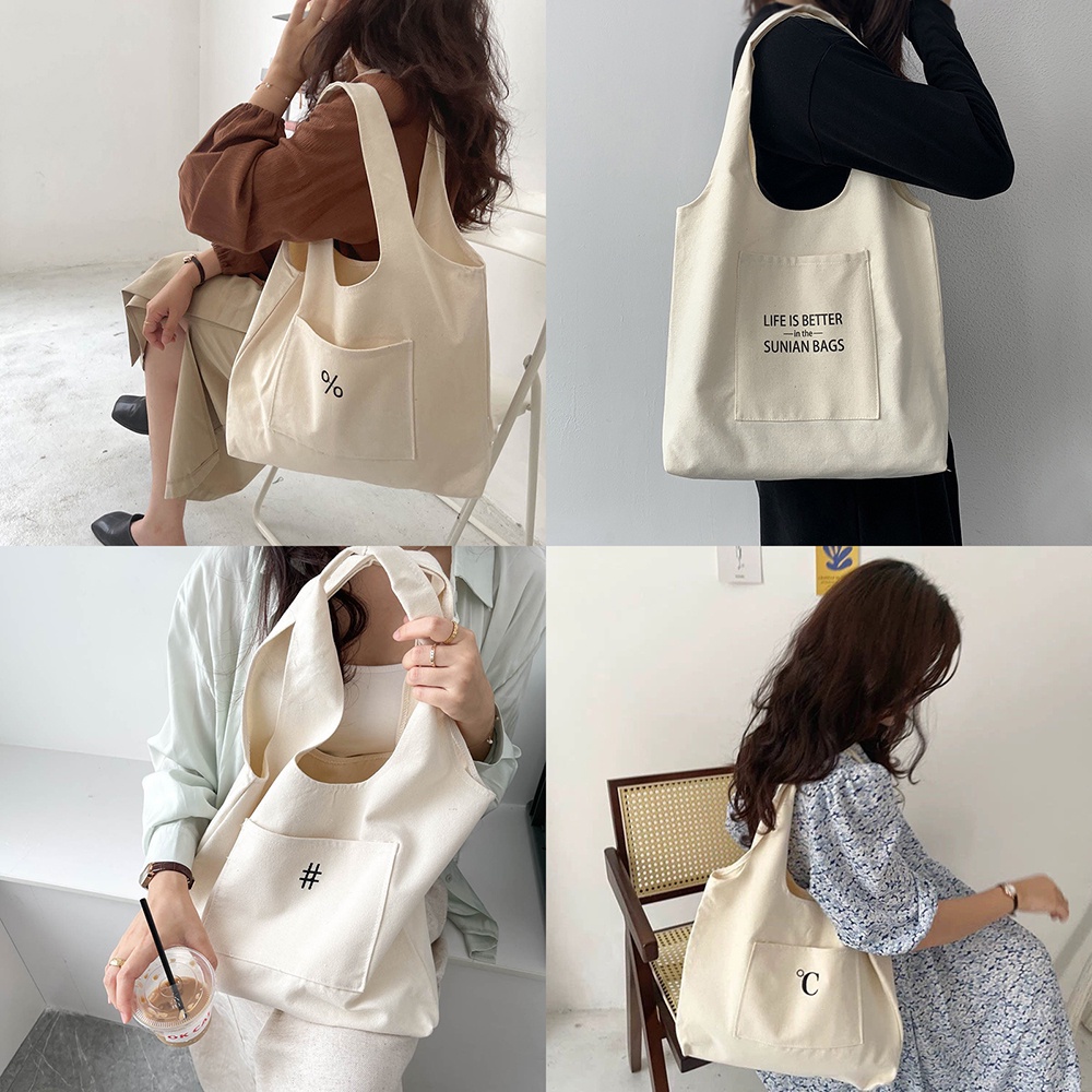 Túi tote vải Canvas đi học có túi nhỏ trước in hình ngộ nghĩnh phong cách thời trang Hàn Quốc