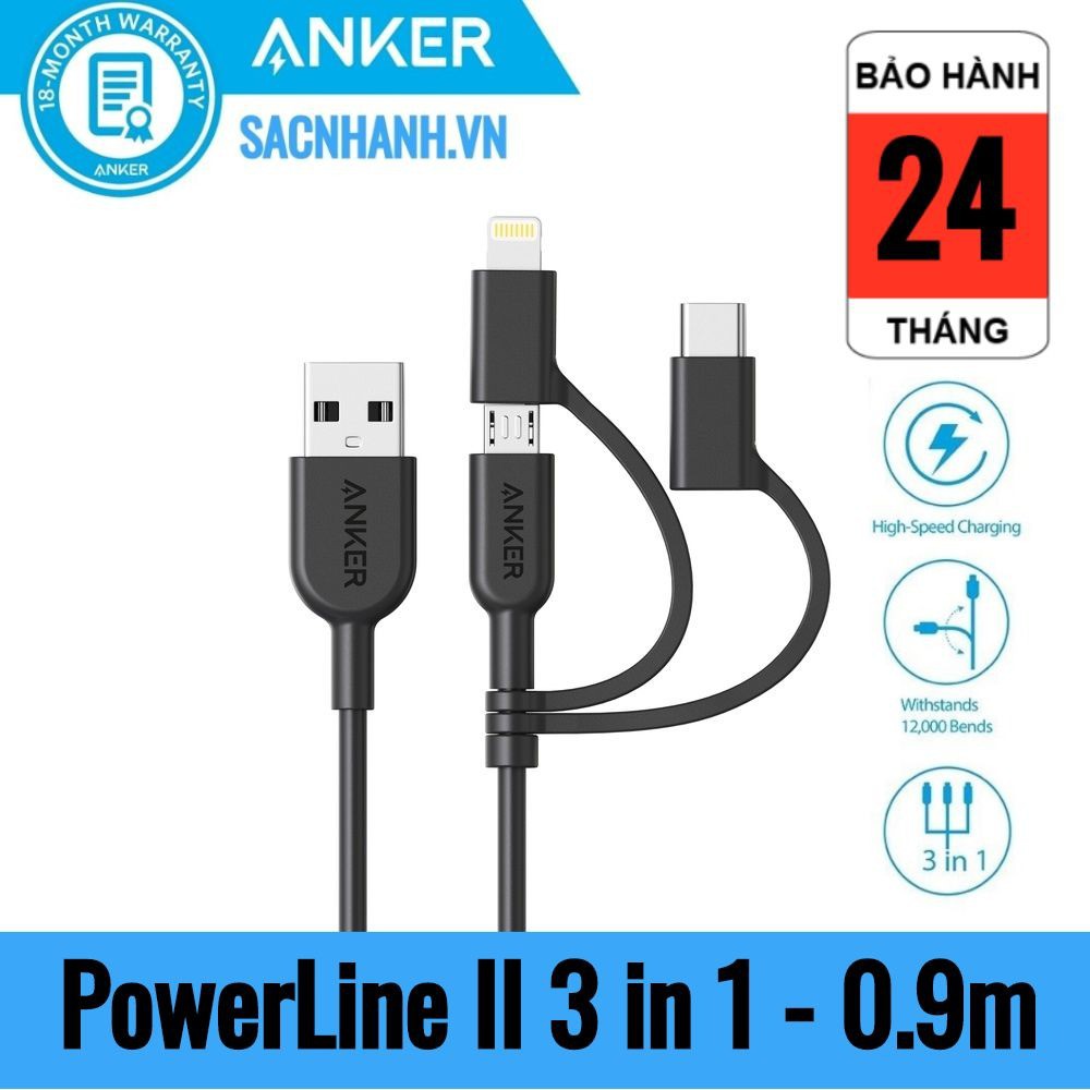 Cáp Sạc Nhanh 3 in 1 Anker Powerline II 0.9M - A8436 (Lightning - Type C - Micro USB)