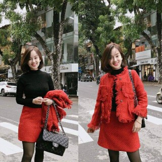 ORDER - Set dạ tweed đỏ tua rua - MẪU MỚI NHẤT 2018
