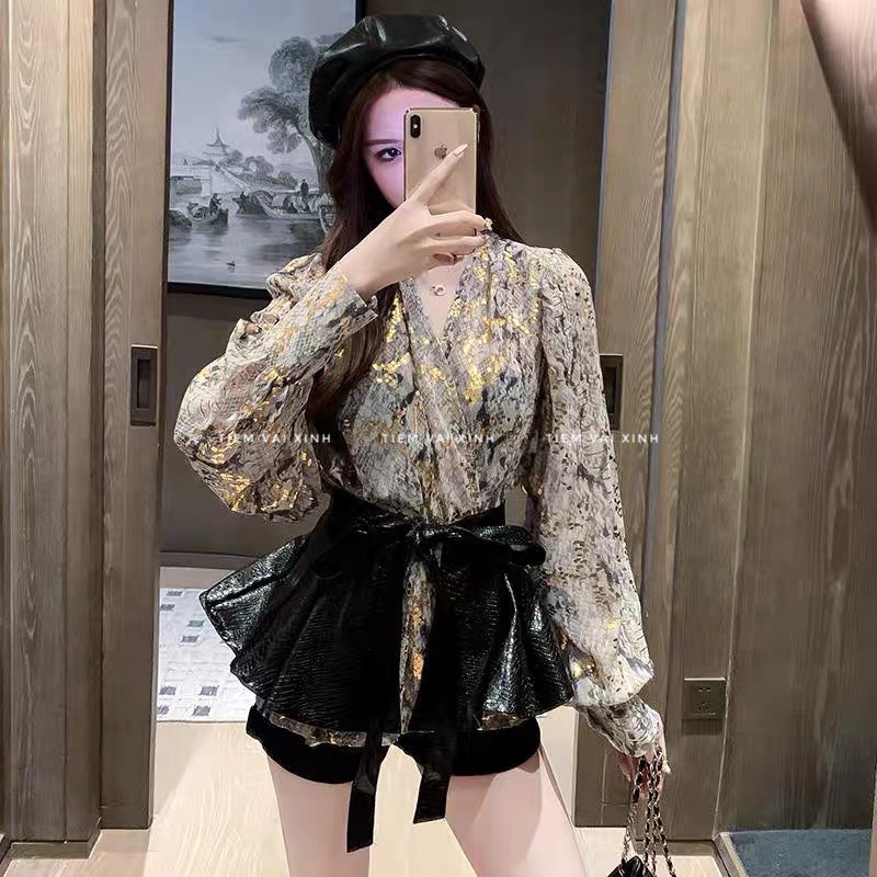 Áo Kiểu  [Tiệm Vải Xinh]  Set Áo Kiểu Mix Váy Quây Nơ Buộc - Hàng Quảng Châu SM002