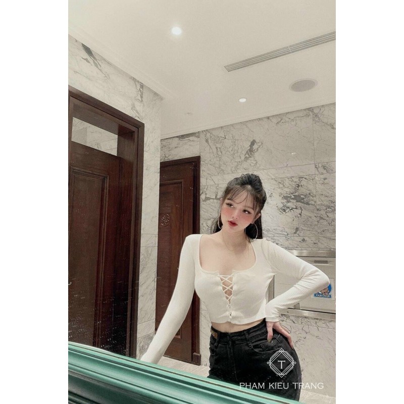 áo kiểu tay dài croptop cổ chữ u siêu xinh chất thun lụa phối đan dây trước ngực cực sexy cho bạn gái