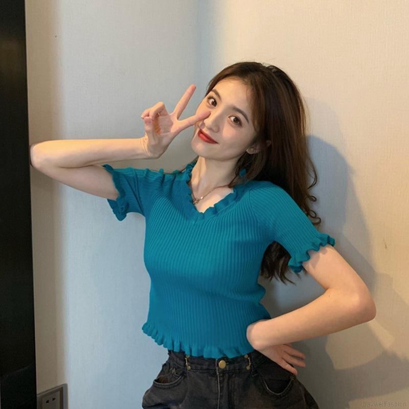 [Baywellfashion]Korean Style Sexy Knit Short V-neck Solid Color Stringy Selvedge Simple Casual Comfortable Women's Tops | BigBuy360 - bigbuy360.vn