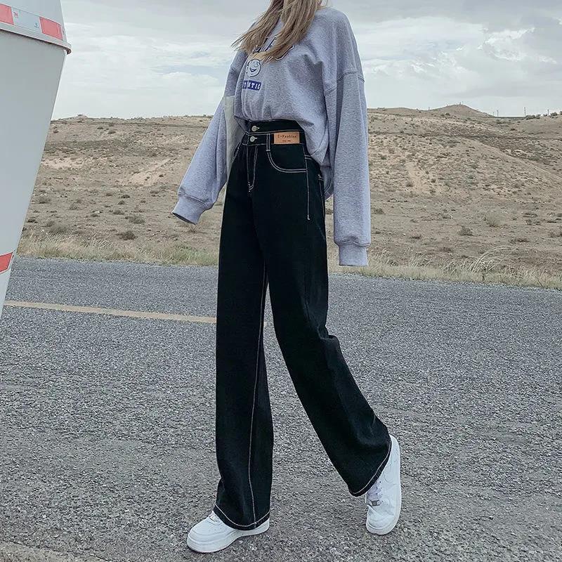 Quần Jeans Đen Dài Ống Rộng Lưng Cao 2022 Thời Trang Cho Nữ