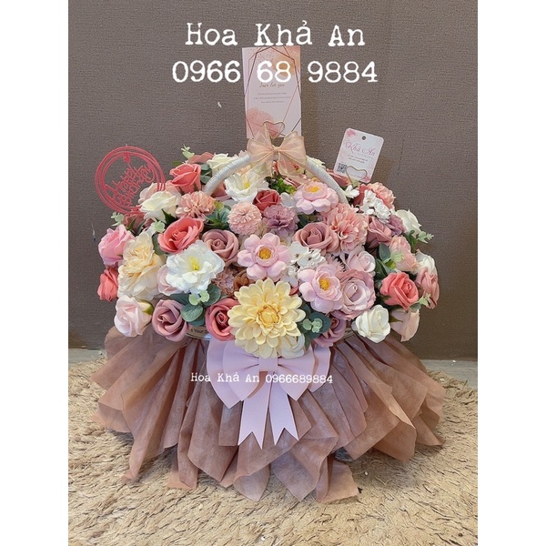 [Lẵng hoa Khai Trương, Sinh nhật] Lẵng Khả An làm bởi hoa sáp cao cấp mix hoa lụa Hàn cực đẹp. KT 45 x 50cm