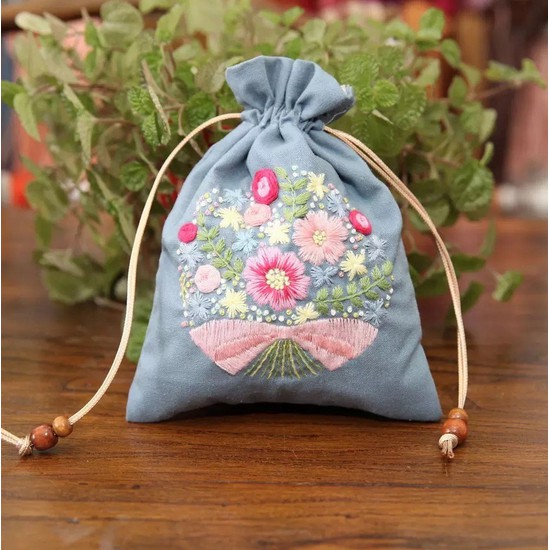 Bộ kit nguyên liệu túi thêu dây rút / Tote hoa lá vintage tự thêu đầy đủ handmade decor nhà cửa MIE Handmade