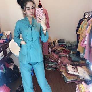 Bộ quần áo nữ Phật tử - đồ lam đi chùa kiểu La hán nơ vải Kate A39