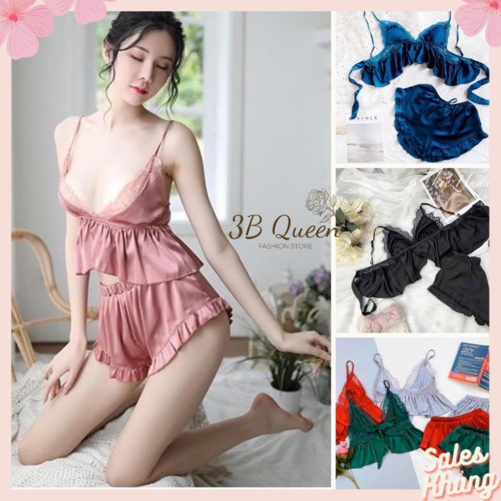 Đồ ngủ lụa🌺FreeShip🌺Set đồ ngủ sexy 2 dây phối ren ngực chất liệu satin cao cấp, bộ ngủ nữ freesize dưới 65kg