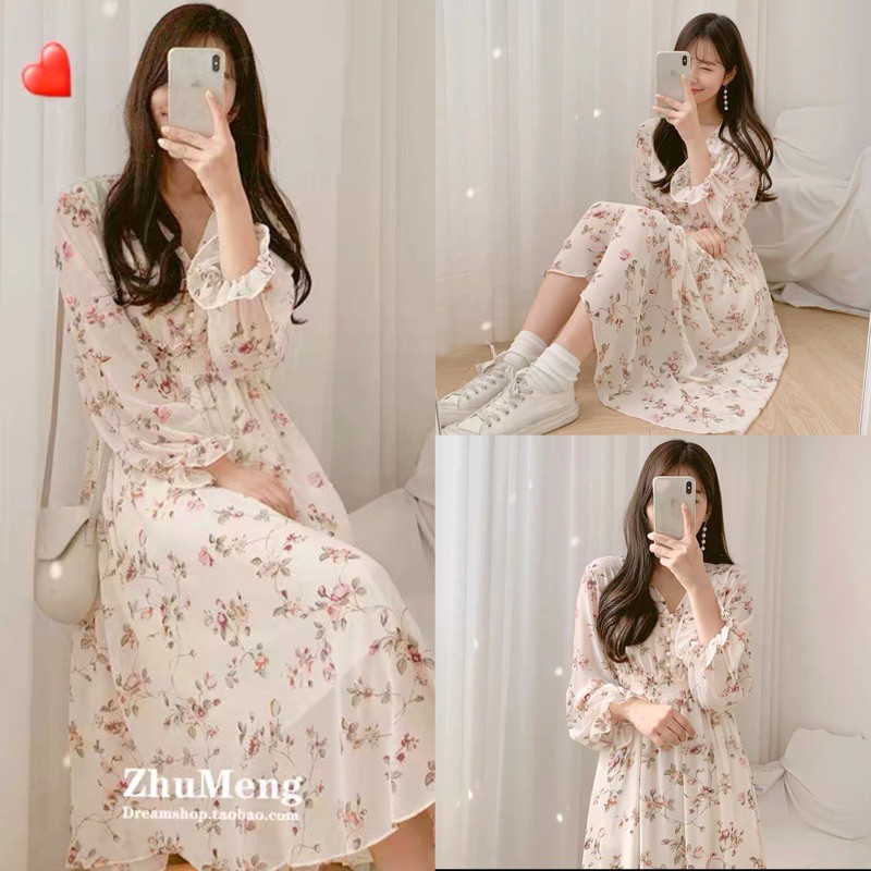 Váy hoa nhí vintage dáng xoè cổ V dáng dài đẹp nhẹ nhàng Đầm ulzzang