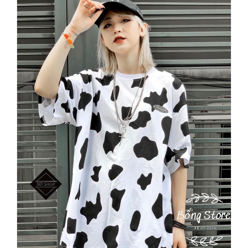 [Rẻ Vô Địch] Áo thun cotton tay lỡ Unisex -- ÁO Loang Bò Sữa LOGO TAY LỠ Dáng Dài --Bống Store