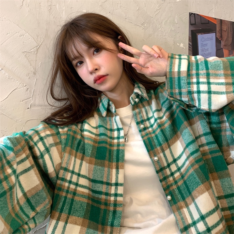 【ZHELIHANGFEI】Áo Sơ Mi Tay Dài Form Rộng Họa Tiết Kẻ Sọc Theo Phong Cách Retro Dễ