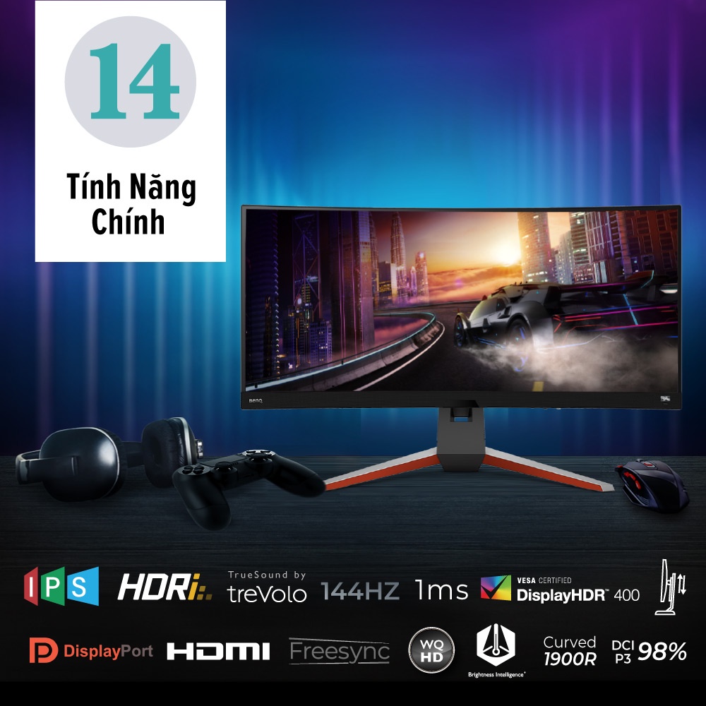 Màn hình cong gaming BenQ MOBIUZ EX3415R 34" QHD IPS 144Hz 1ms MRPT HDRi phù hợp PS5 Xbox