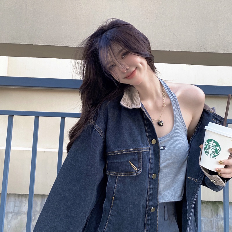 IELGY     Áo Khoác denim Tay Dài Dáng Rộng Phong Cách retro Dành Cho Nữ
