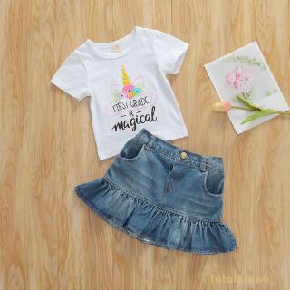Bộ Áo Cotton Ngắn Tay + Chân Váy Denim Cho Bé Gái