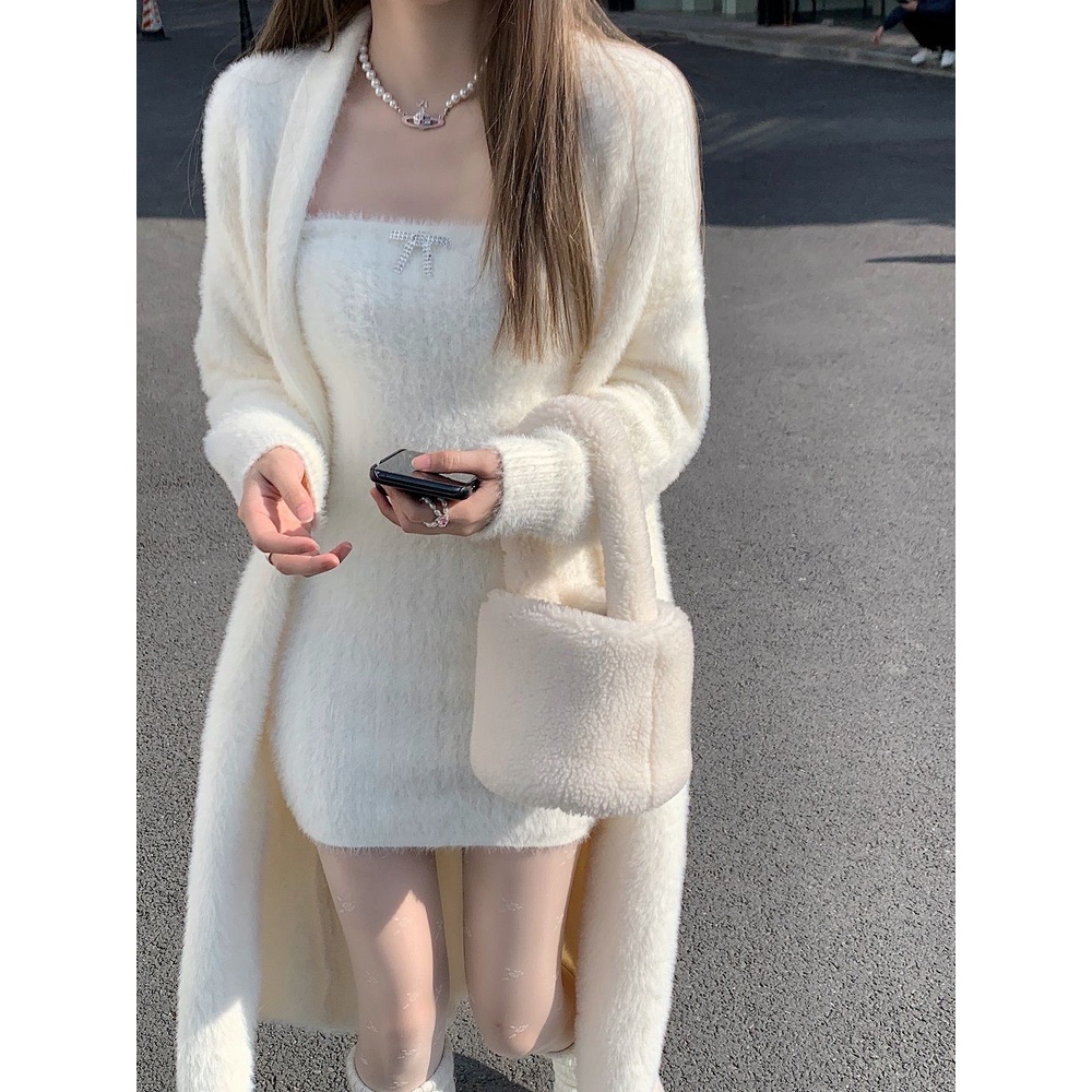 UIOWOO  Set Áo Ống + Áo Khoác Cardigan Lông Dáng Dài Phong Cách Hàn Quốc Ngọt Ngào Cho Nữ