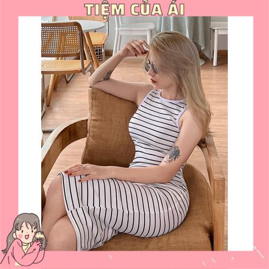 🌸 Đầm body kẻ sọc ngang 2 màu trắng đen - Đầm ôm hở vai 🌸