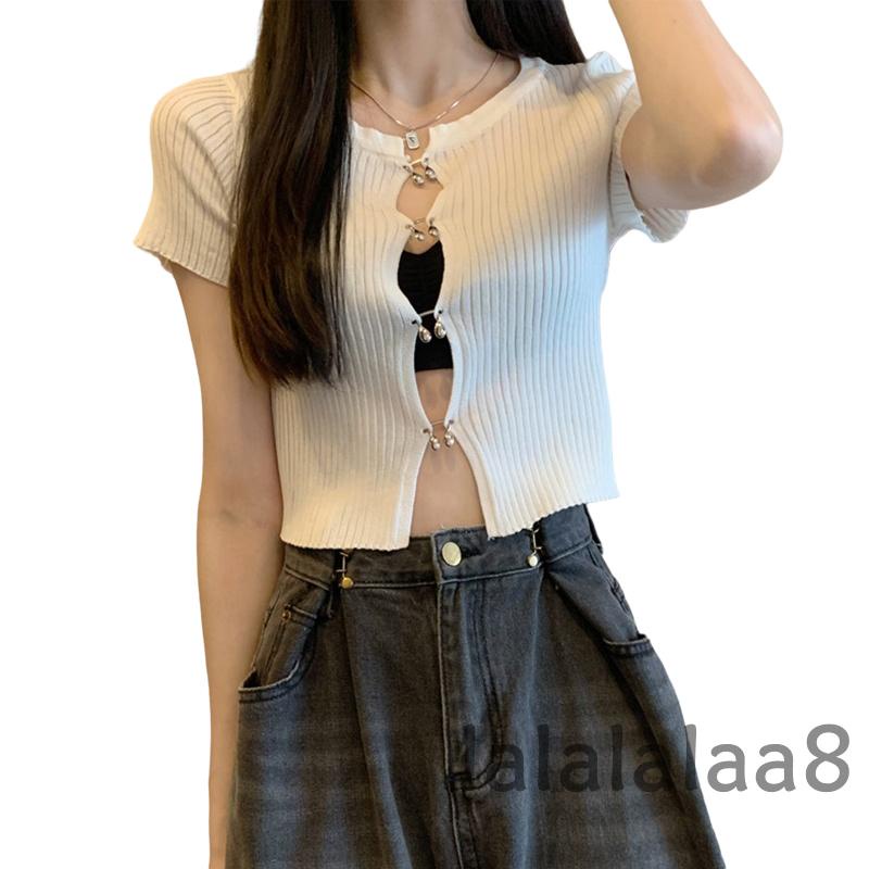 Áo Crop Top Tay Ngắn Cổ Tròn Màu Sắc Đơn Giản Cho Nữ