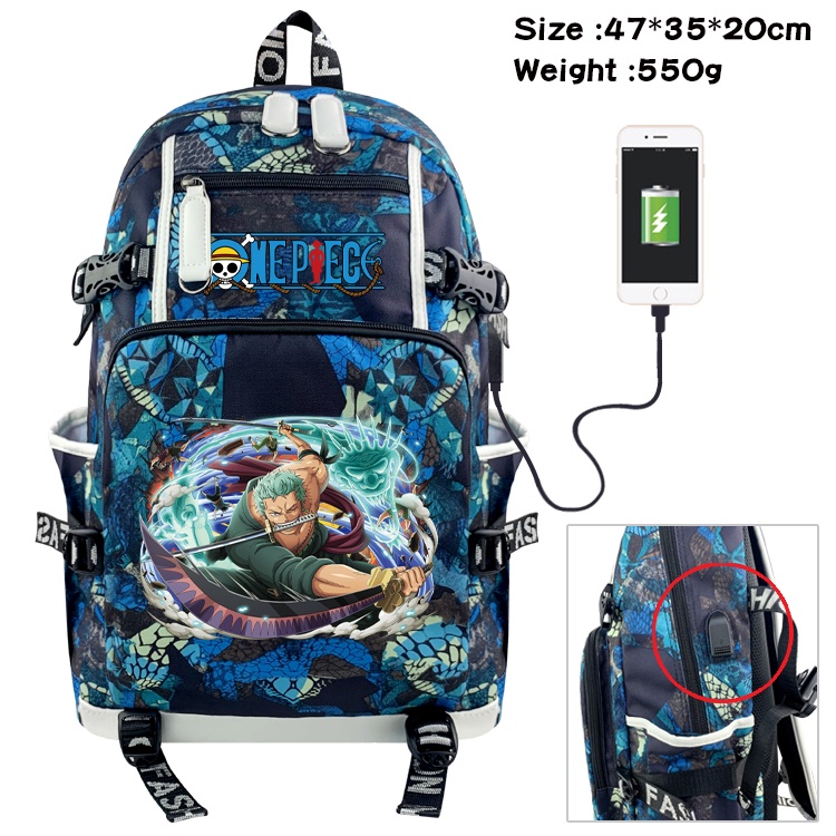 Ba Lô Vải Canvas Chống Thấm Nước Có Cổng Sạc Usb In Hình One Piece Roronoa Zoro Luffy
