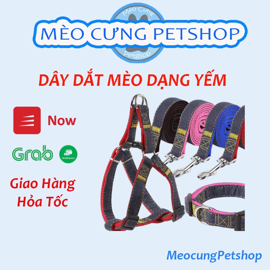 Dây dắt mèo, chó chất liệu Jean và Polieste dạng yếm, không gây khó chịu cho thú cưng.