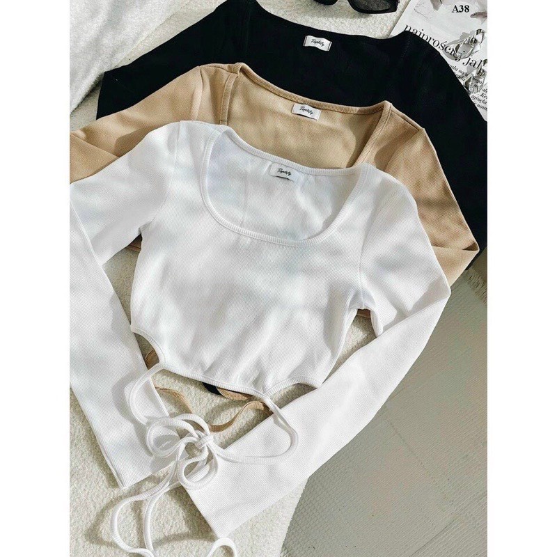 Bingshopvn Áo croptop nữ buộc eo form body cổ vuông dài tay vải tăm co giãn ôm dáng