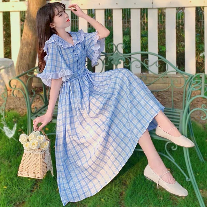 Đầm Lolita Tay Loe Kẻ Sọc Xanh Dương Và Trắng Thời Trang Mùa Hè Phong Cách Nhật Bản