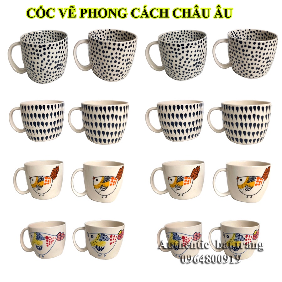 "ĐÁNG YÊU" Cốc sứ Uống trà, cà phê.D10H7cm-300ml Vẽ tay, Phong cách Châu Âu sang trọng và đẳng cấp - Authentic Bát tràng