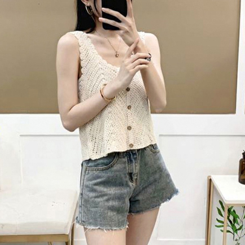 Áo Khoác Cardigan Không Tay Thiết Kế Đục Lỗ Phối Nút Thời Trang Cho Nữ