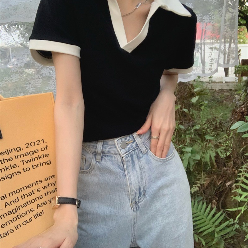 【ZHELIHANGFEI】 Áo Thun POLO Dệt Kim Ngắn Tay Phối Màu Tương Phản Cá Tính