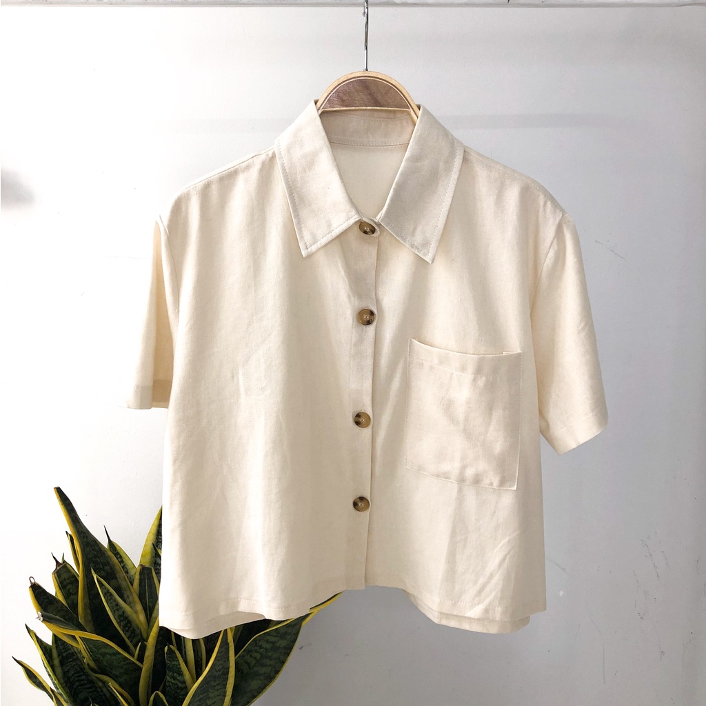 Áo sơ mi linen nữ croptop lửng basic vintage Ulzzang