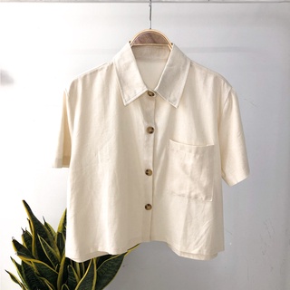Áo sơ mi linen nữ croptop lửng basic vintage Ulzzang