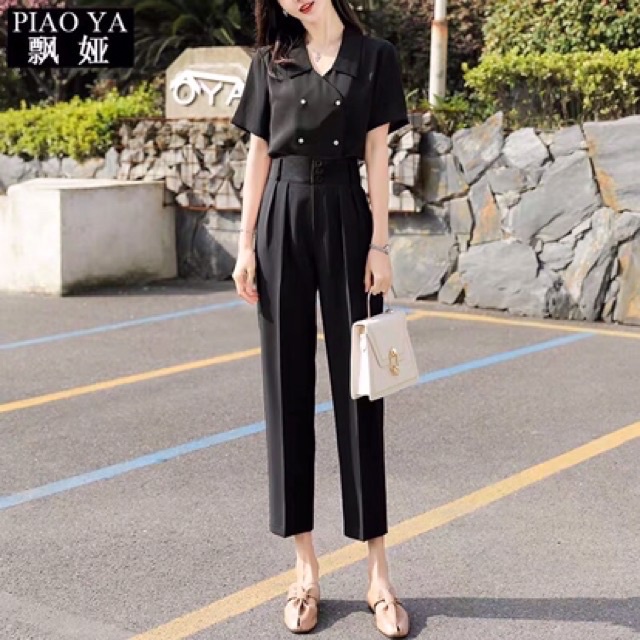 Quần baggy cạp cao bản to xếp ly lưng siêu cao phối 3 cúc - Màu Đen Dài - Vảy Vitex dày mềm mịn - Mặc đi làm công sở học
