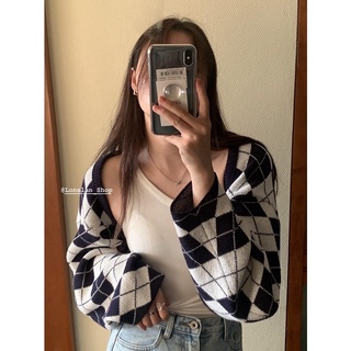 Áo khoác cardigan dệt kim crotop caro