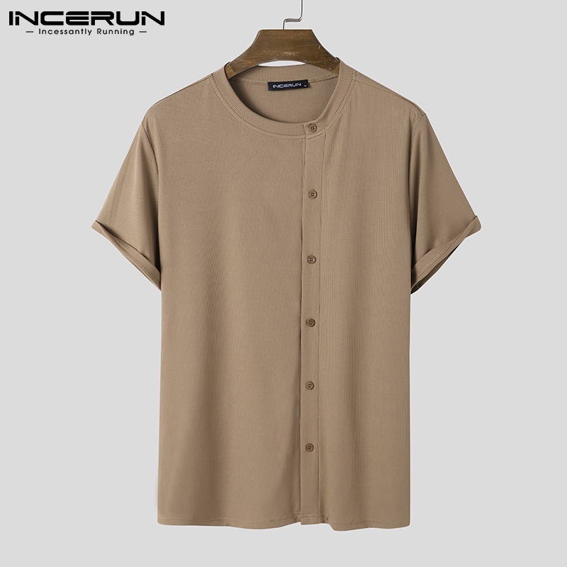 Áo sơ mi INCERUN tay ngắn dáng rộng phối nút thiết kế độc đáo thời trang cho nam
